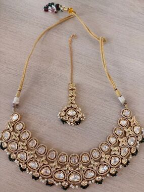 Gold and Clear Kundan Necklace Set with Green Accents - Women Jewelry